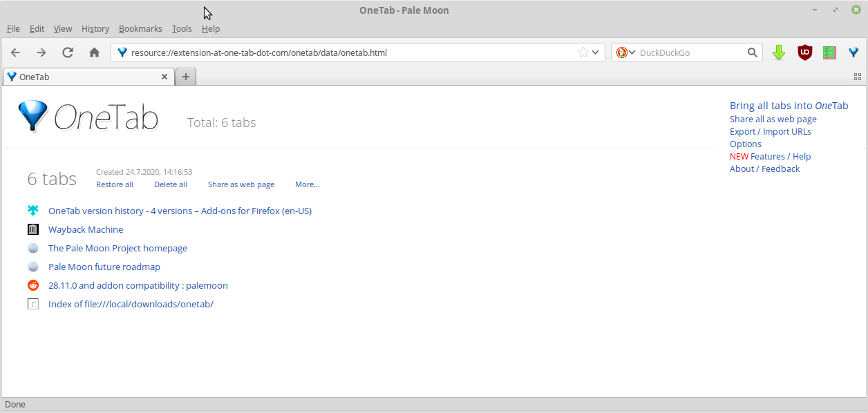 Onetab 1.9 running with palemoon 28.9.0.2
